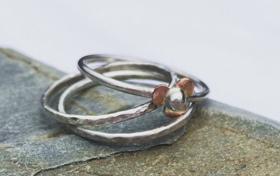 Mixed Metal Flower Stacking Ring set, Stackable Rings, Sterling Silver Rings