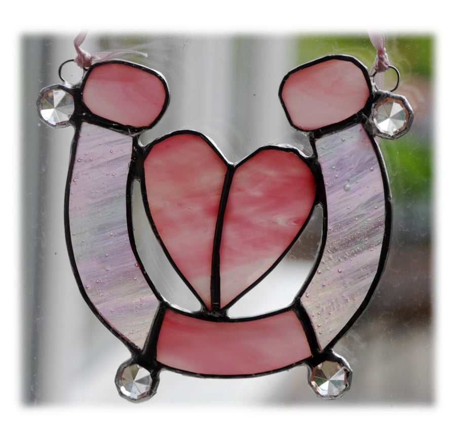  Wedding Horseshoe Heart Stained Glass Suncatcher Pink 004 