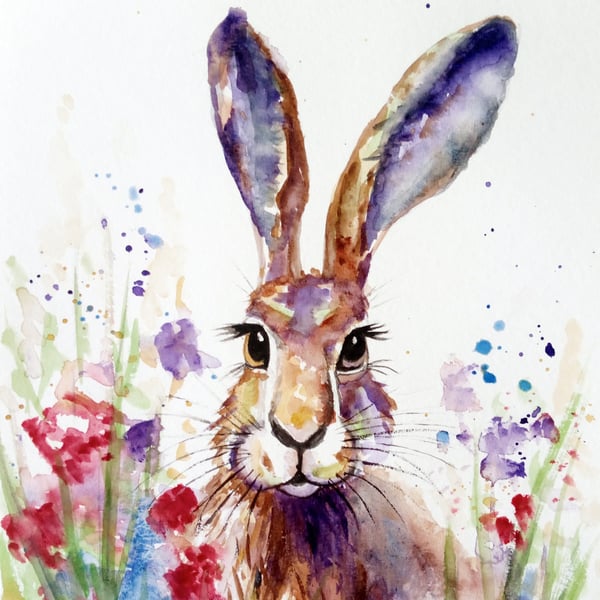 SOLD.  Hare and Flowers Original Painting 