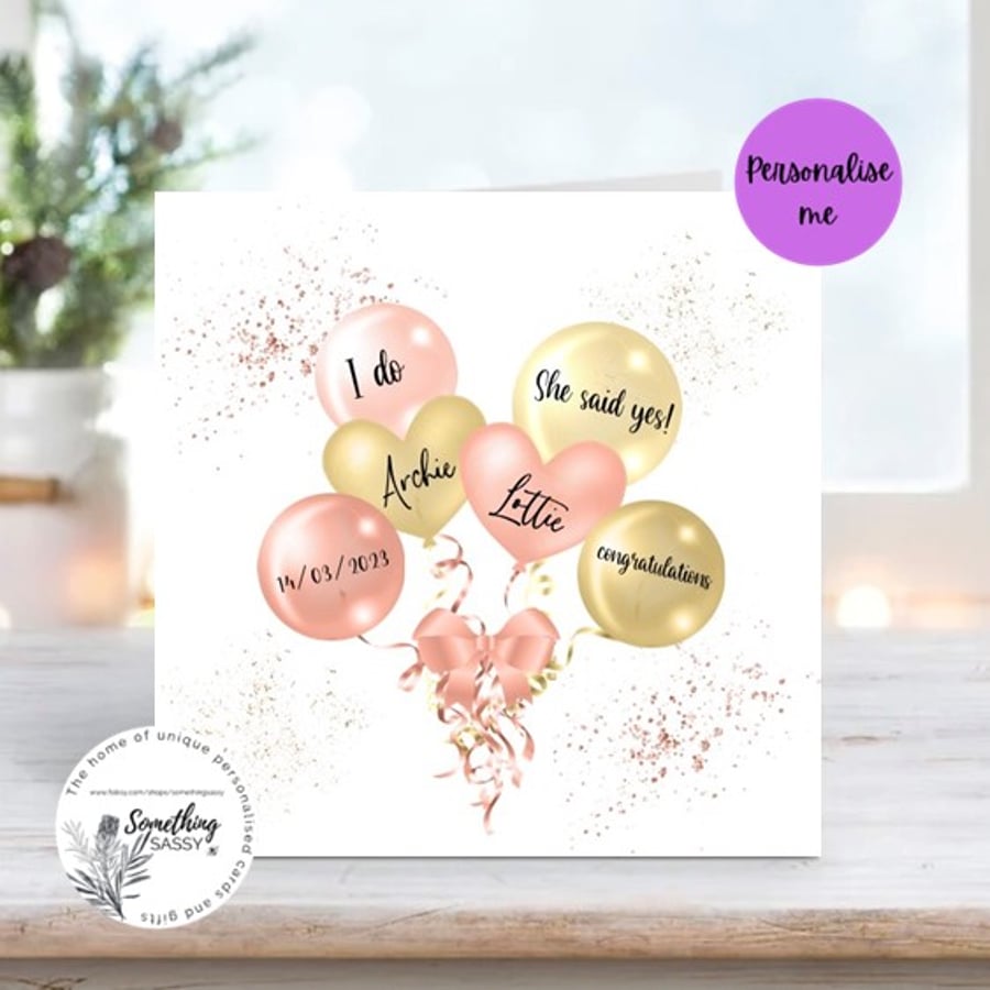 Beautiful Rose Gold Balloons Personalised Engagement and Congratulations card