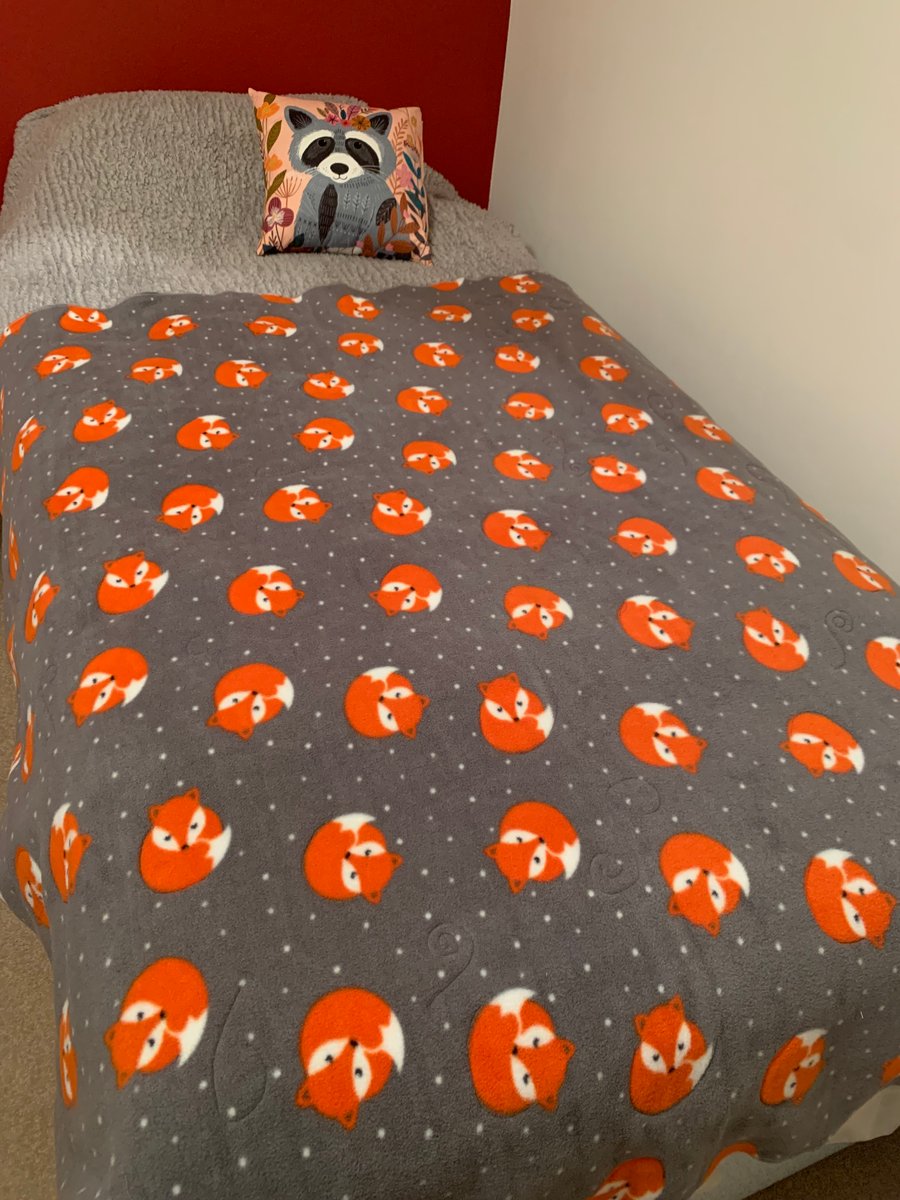 Blanket double layer of cosy fox print fleece free motion embroidered 
