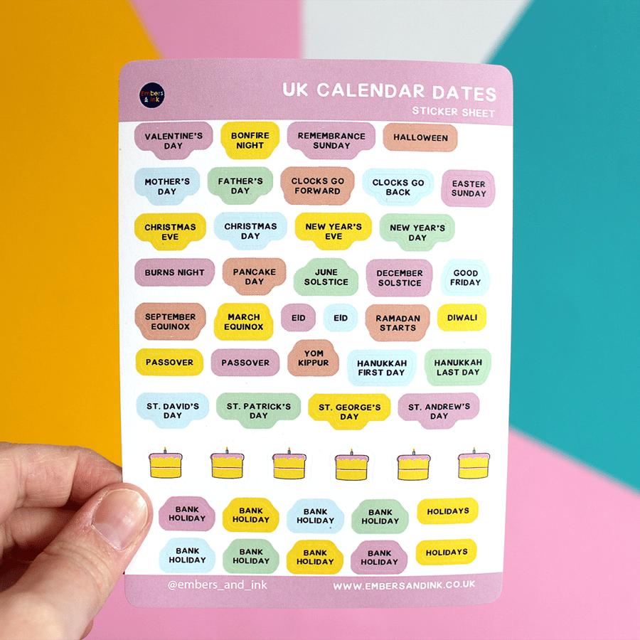 UK Calendar Dates - perfect for Calendars, Diaries and Journals