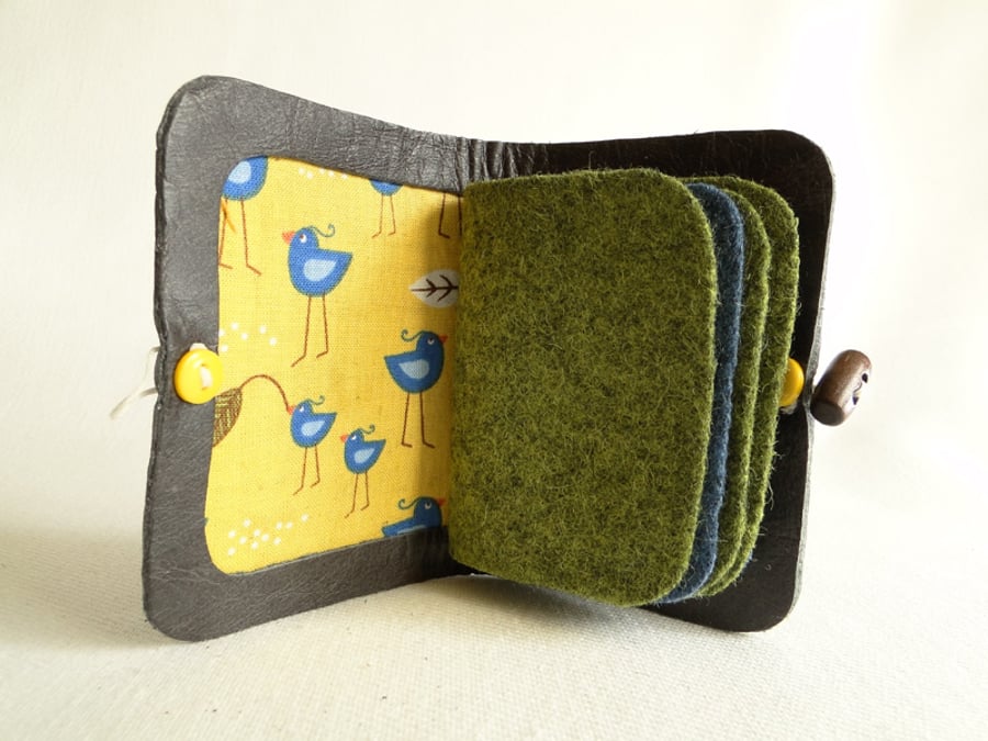 Needle Case in Brown Leather -  Blue Bird Fabric Interior - Needle Book