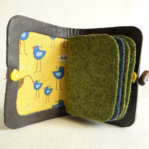 Needle Case in Brown Leather -  Blue Bird Fabric Interior - Needle Book
