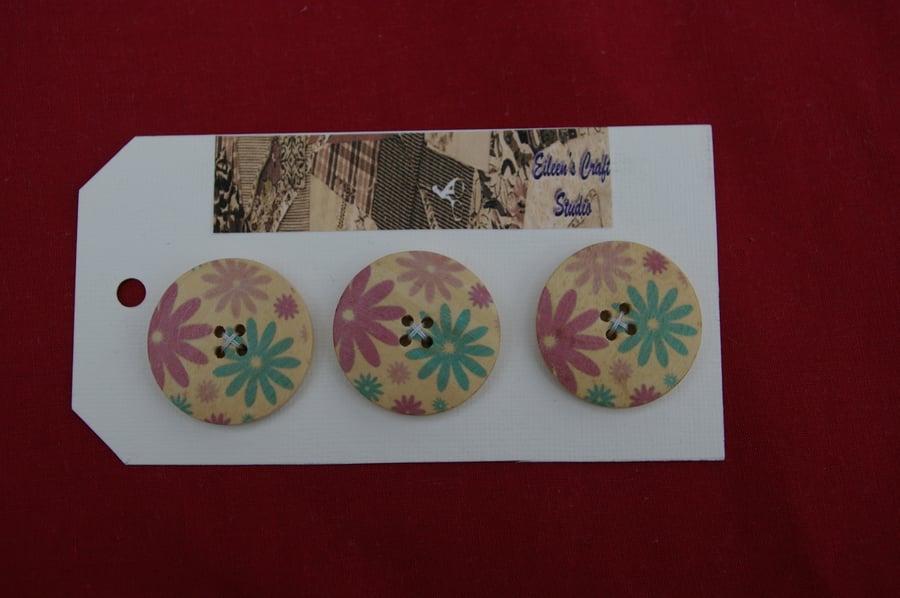 Buttons Three Extra Large Wood Flower Buttons