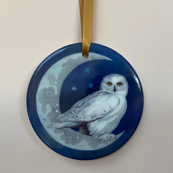 Perfectly Imperfect - Owl and moon ceramic ornament - a 'second'