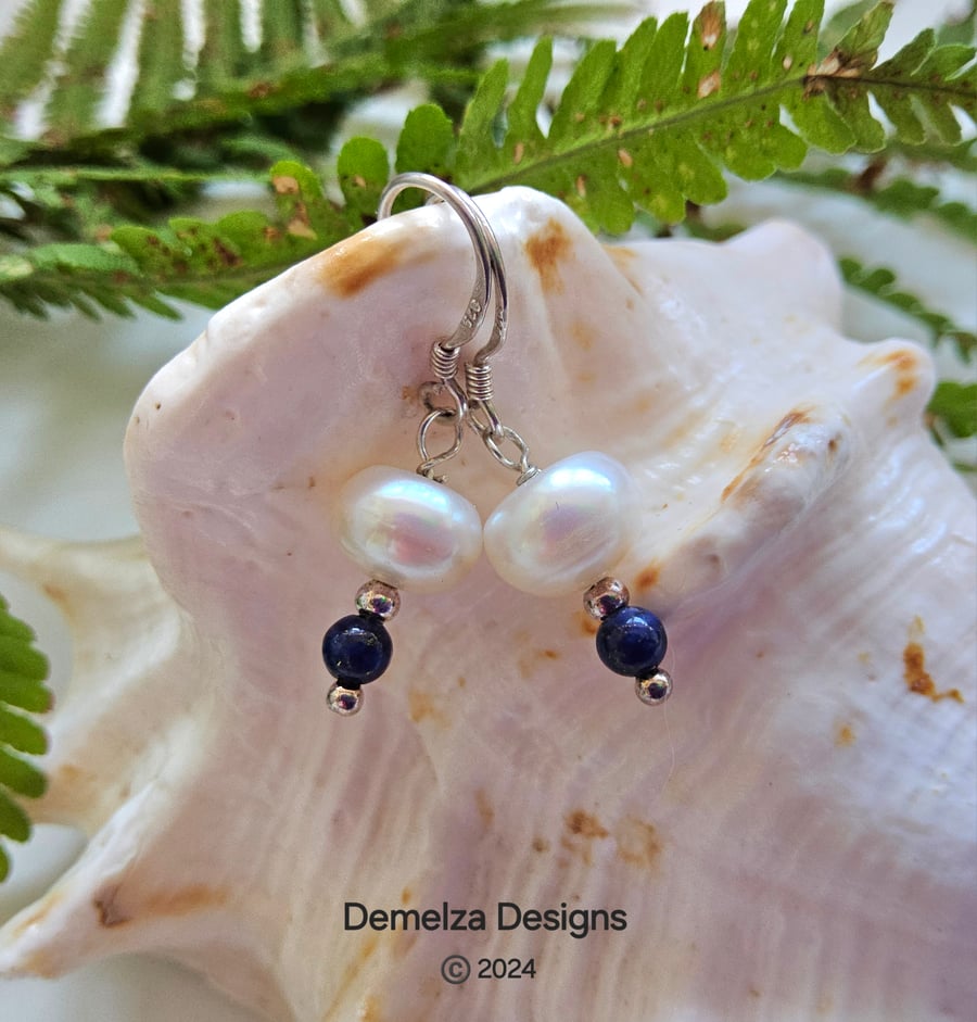 Dainty Button Freshwater Pearls & Lapis Lazuli Sterling Silver Earrings