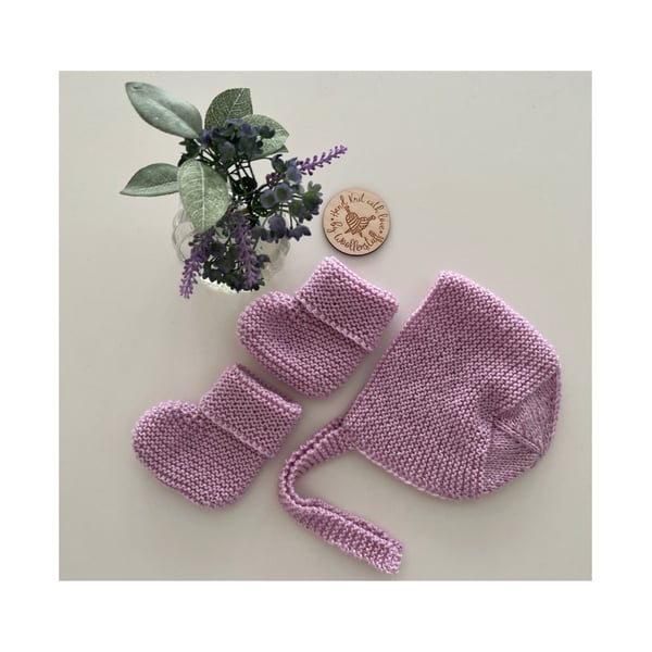 15% OFF Sample Sale Handknitted Darcy Baby Bonnet & Booties Set - 0-3 months