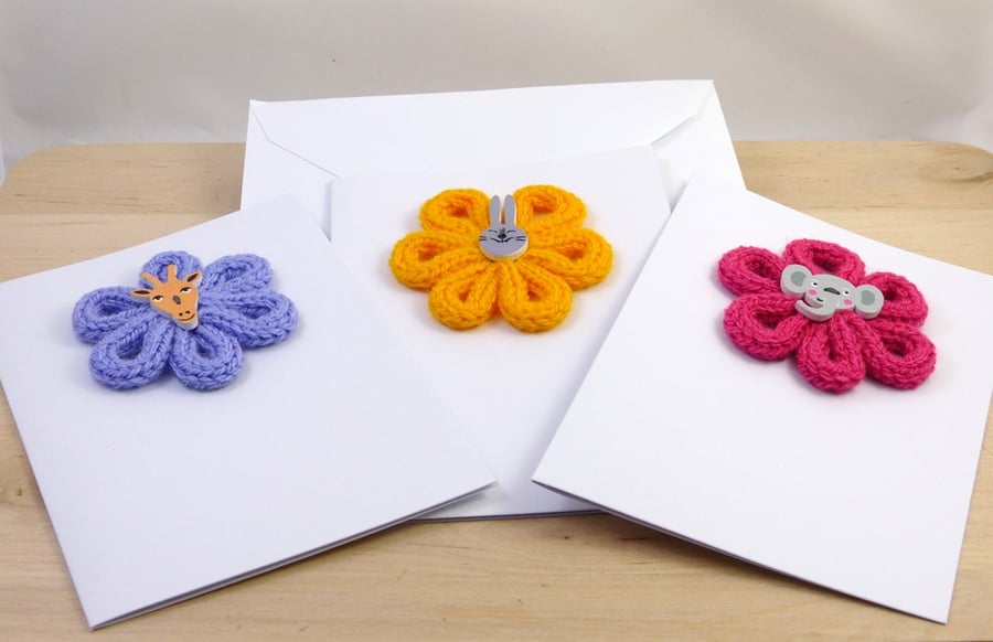 Set of 3 Knitted Flower Cards