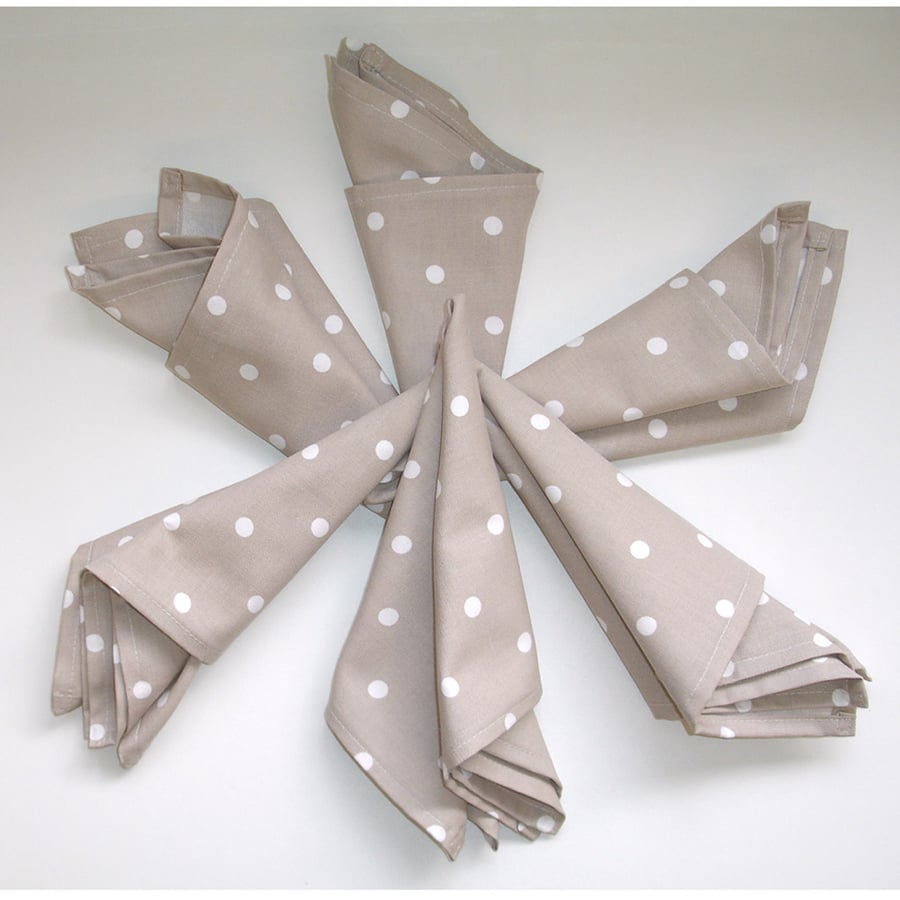 Napkins x 6 Beige Brown White Polka Dot 14" Serviettes Washable Cotton Cloths