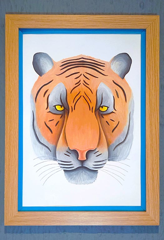 Handmade Unique Framed A3 Print Colourful Tiger Head Blue Border Wallart Gift