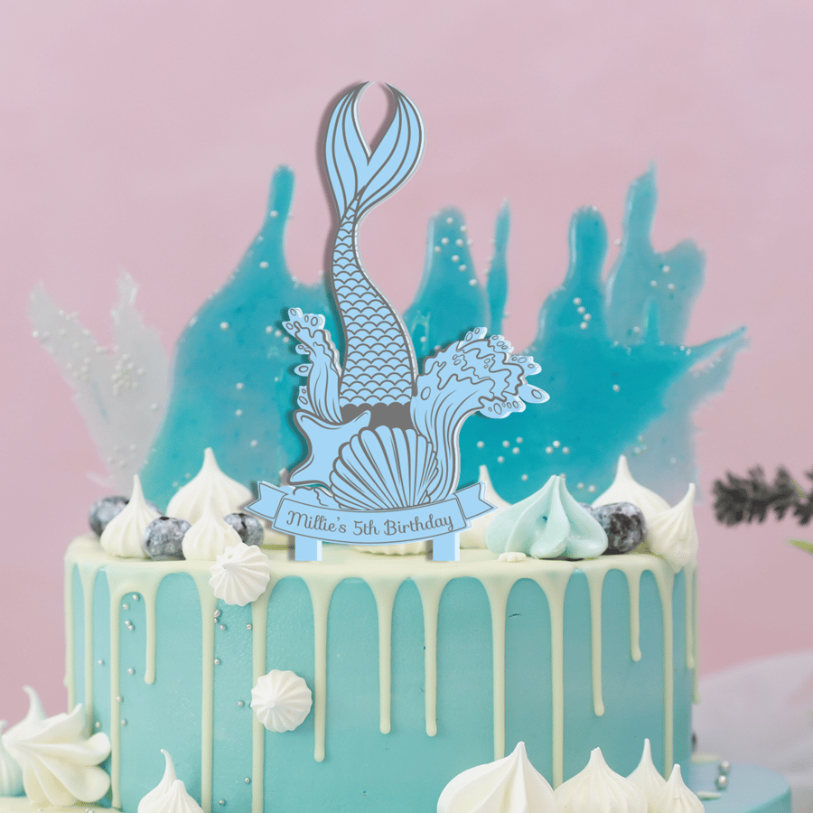 Mermaid Tail Birthday Cake Topper Custom Name Seaside Cake Decoration Acrylic