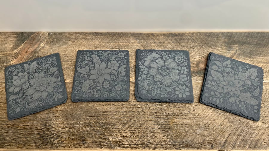 Set of 4 floral themed engraved slate coasters 