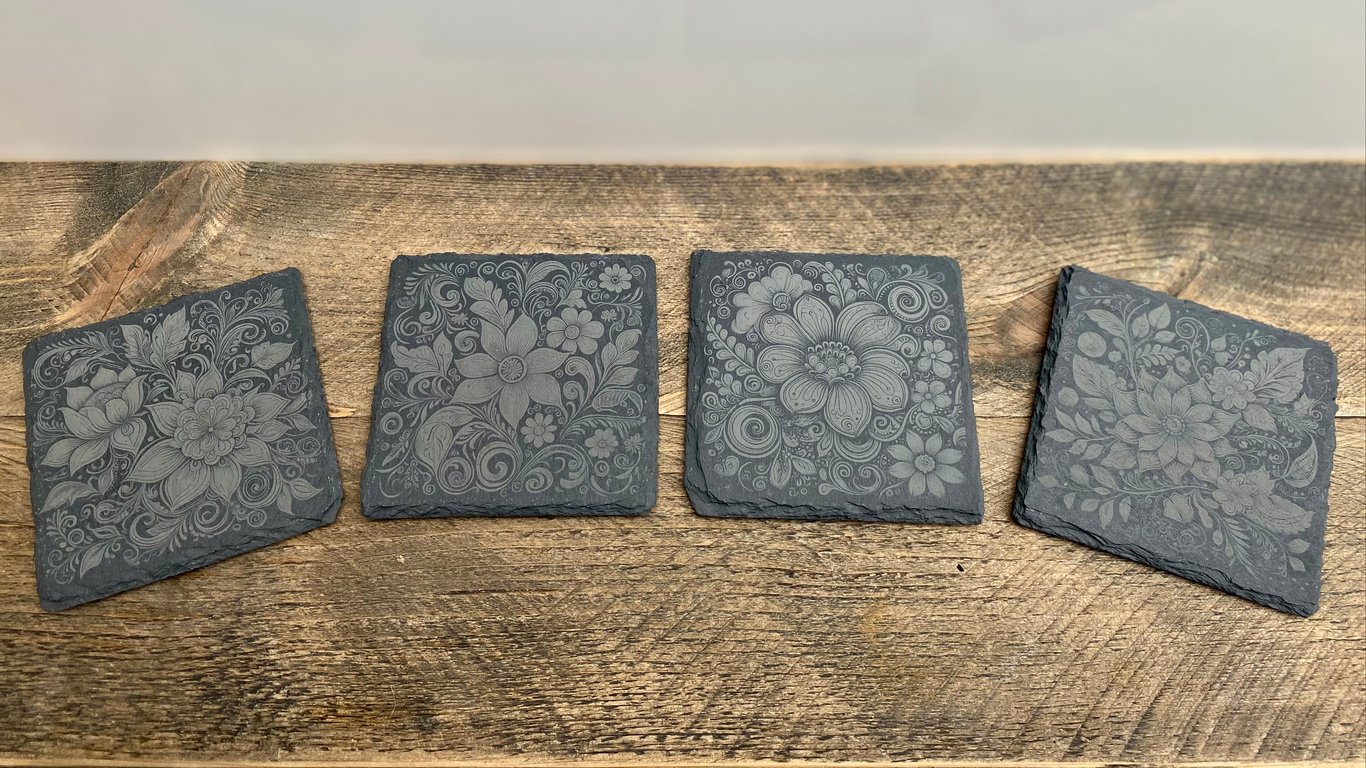 Set of 4 floral themed engraved slate coasters 