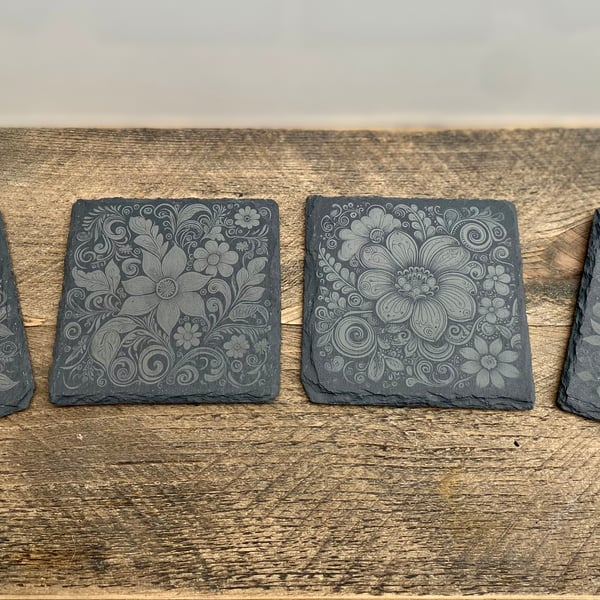 Set of 4 floral themed engraved slate coasters 
