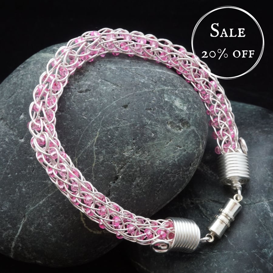 SALE - Beaded Viking Knit Bracelet - Silver with Pink Beads