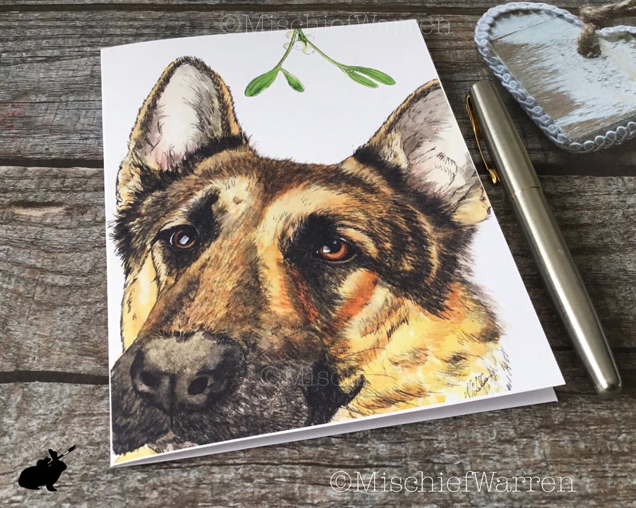 German Shepherd Christmas Card. Alsatian dog handmade Christmas card.