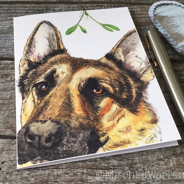 German Shepherd Christmas Card. Alsatian dog handmade Christmas card.