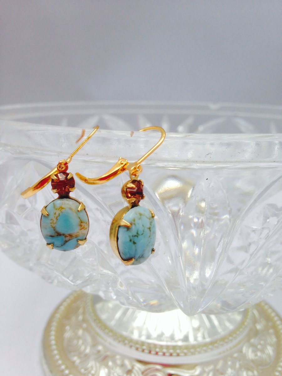SALE Vintage turquoise and gold oval glass earrings.Gift for her.