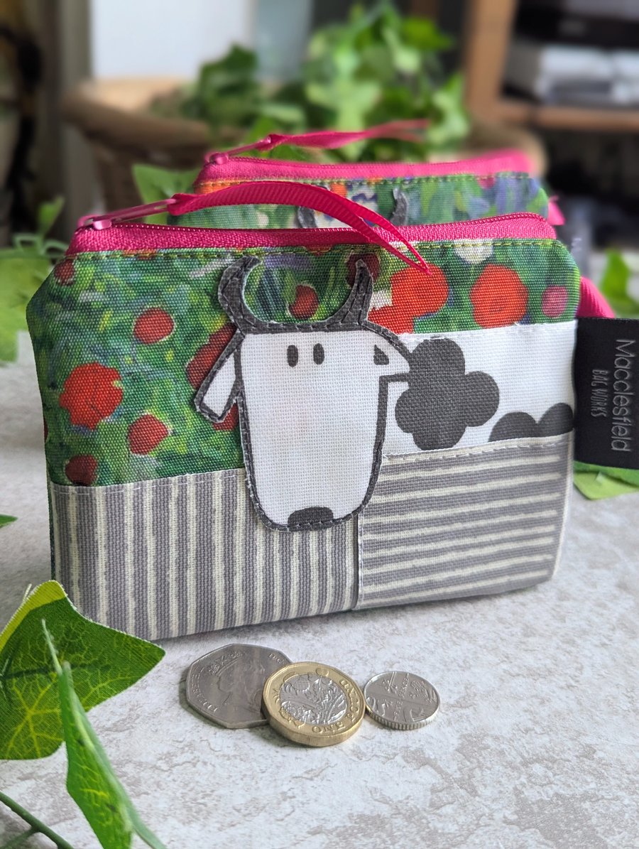 Small Water-resistant Coin or Card Purse with Applique Cow  