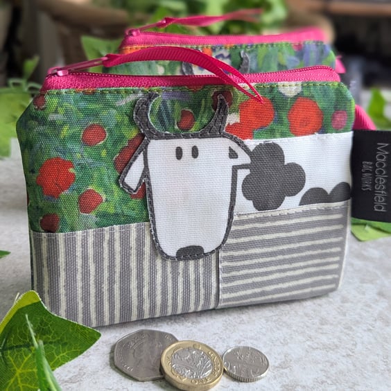 Small Water-resistant Coin or Card Purse with Applique Cow  