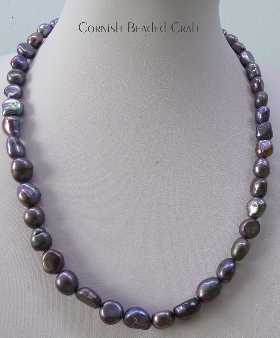 SALE - Black Freshwater Pearl & Silver  Necklace.-Handmade in Cornwall.