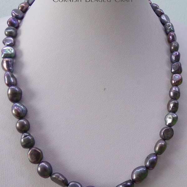 Black Freshwater Pearl & Silver  Necklace.-Handmade in Cornwall - FREE UK P&P
