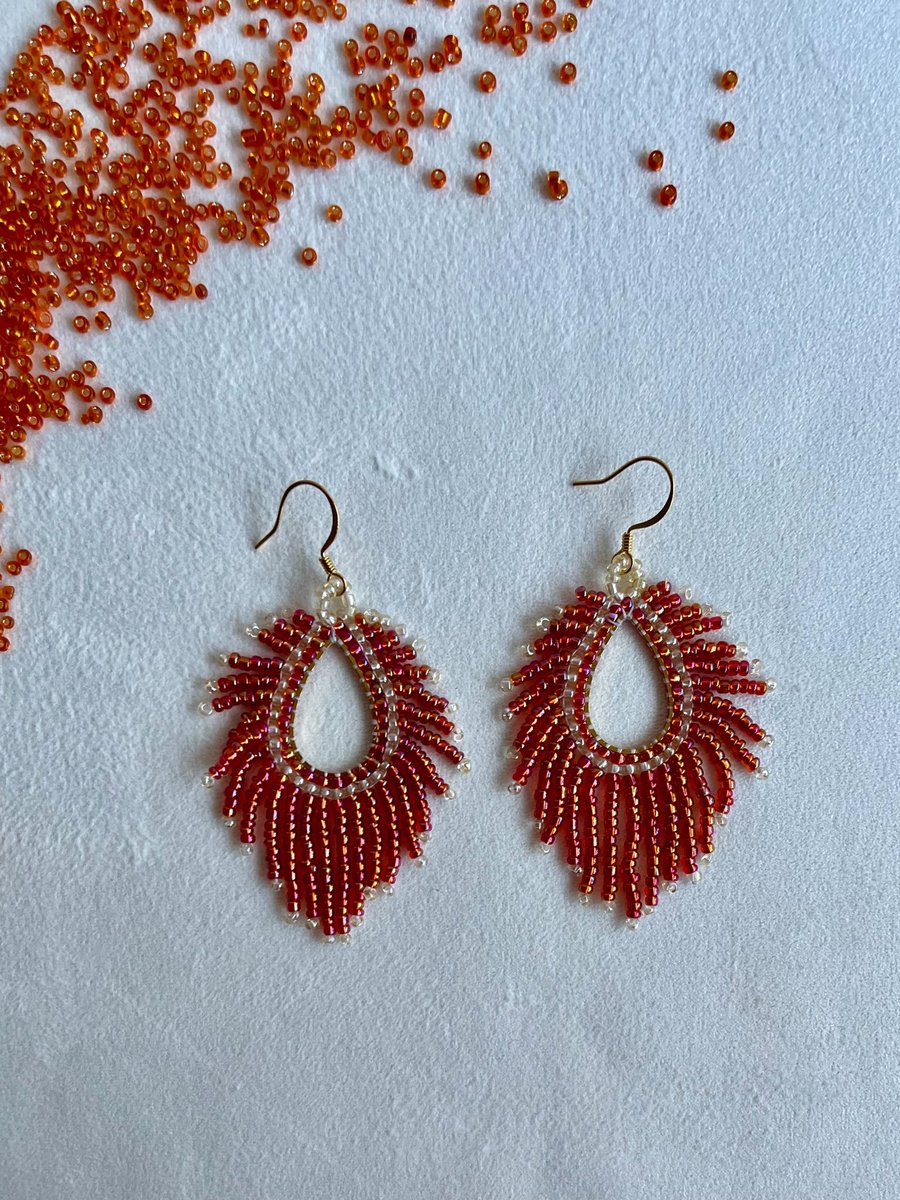 Handmade Orange Glass Bead Fringe Earrings, Boho Dangle Earrings
