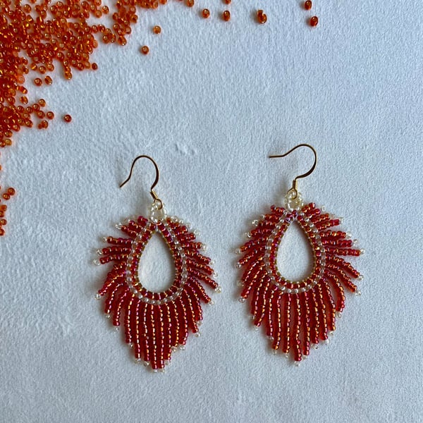 Handmade Orange Glass Bead Fringe Earrings, Boho Dangle Earrings