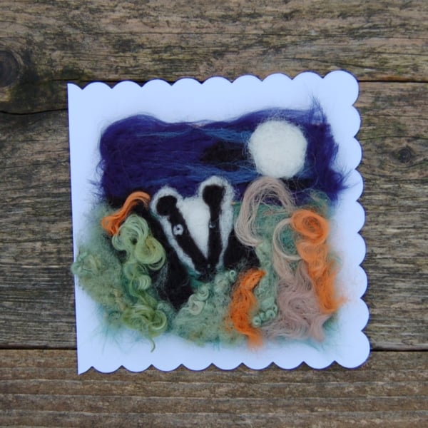 Birthday Card - badger, Needle felt card, wool card, wool painting, textile art