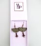 Leather Earrings Khaki Green Leather and Metal Bead Boho Style Half Moon  - Image 5