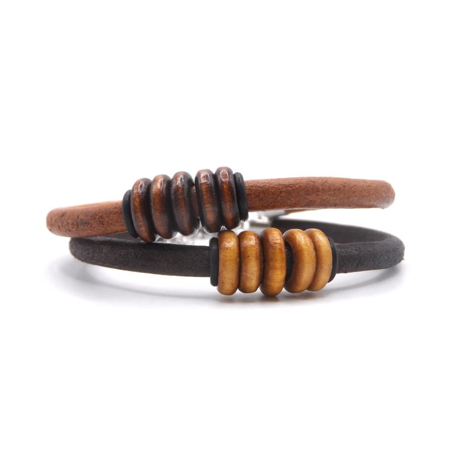 5th Wedding Anniversary Wooden Ring Leather Bracelet for Husbands and Wives