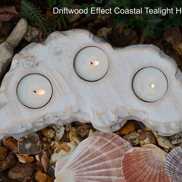 Driftwood Effect White Coastal Coastal Cottage Wooden Tealight Holder