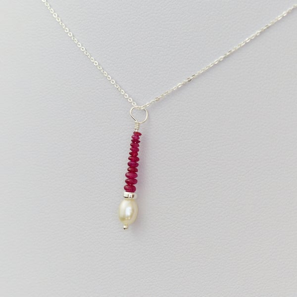Dainty Ruby and Pearl pendant, sterling silver gemstone necklace, Gift For Her