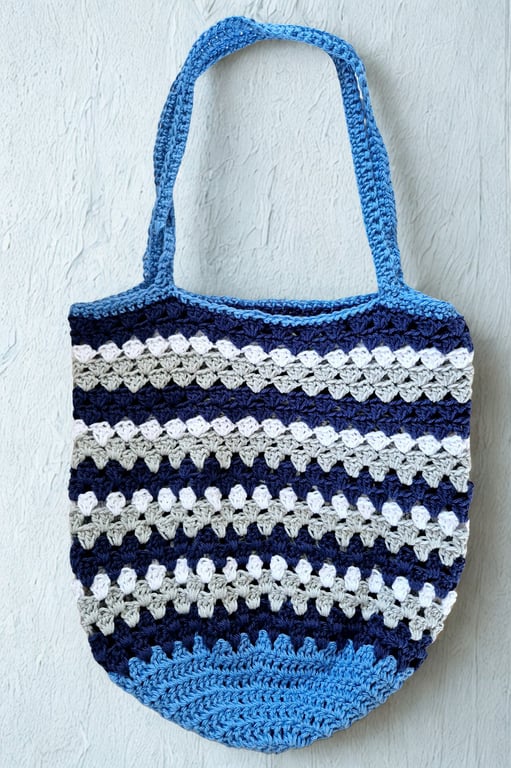 Handmade cotton crochet blue striped tote bag