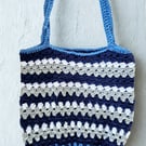 Handmade cotton crochet blue striped tote bag