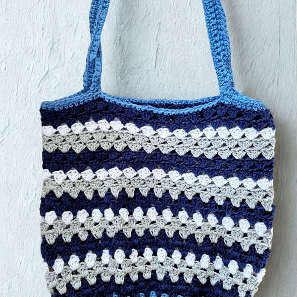 Handmade cotton crochet blue striped tote bag