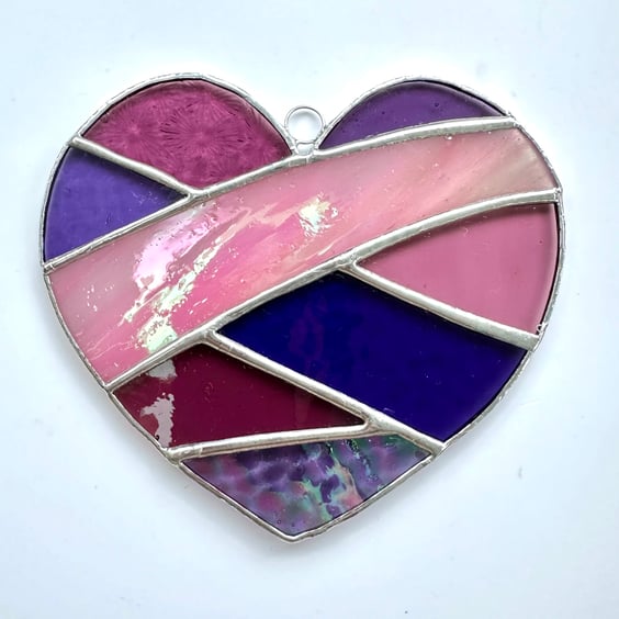 Stained Glass Patchwork Heart Suncatcher - Pink