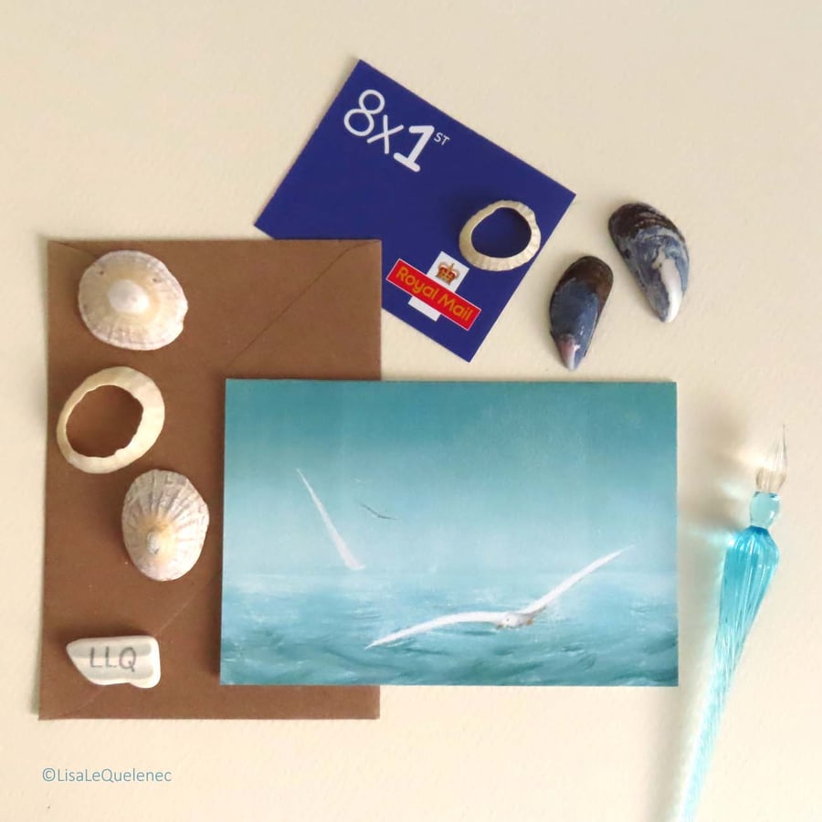 Skimming the breeze gull over the sea sailing blank card