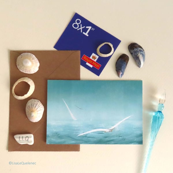 Skimming the breeze gull over the sea sailing blank card