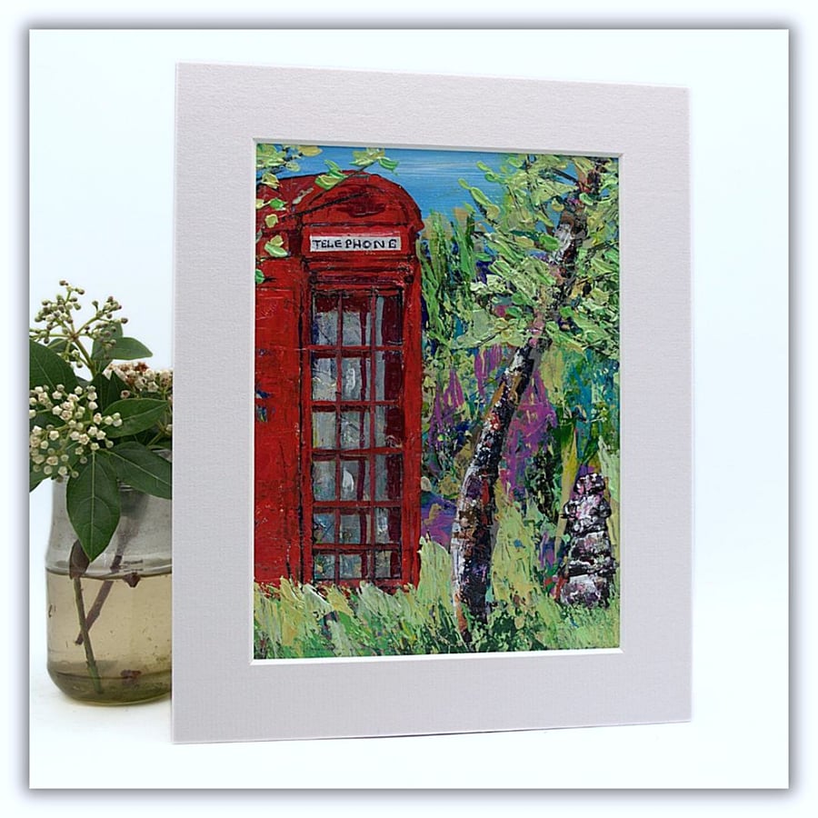 An original landscape painting - red phone box - mounted in acrylics