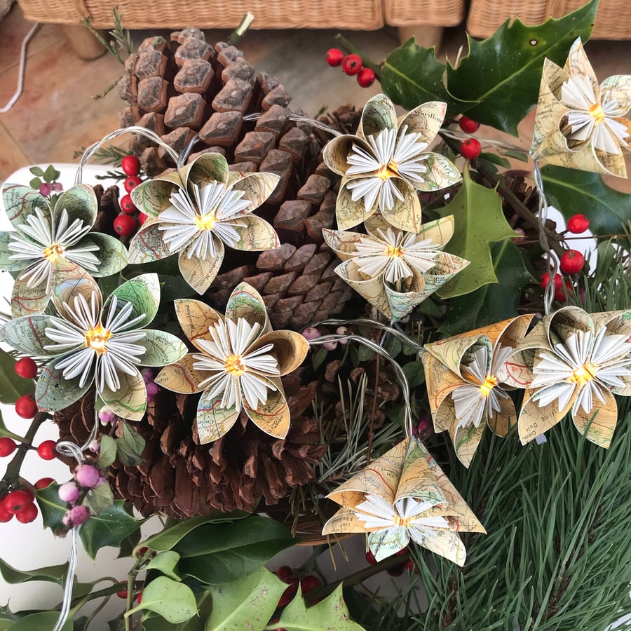 Vintage Map Flower Fairy Lights - The Peak District