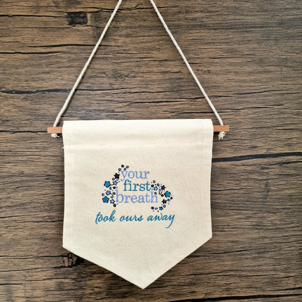 Embroidered Nursery Wall Hanging - Your First Breath Design Blue