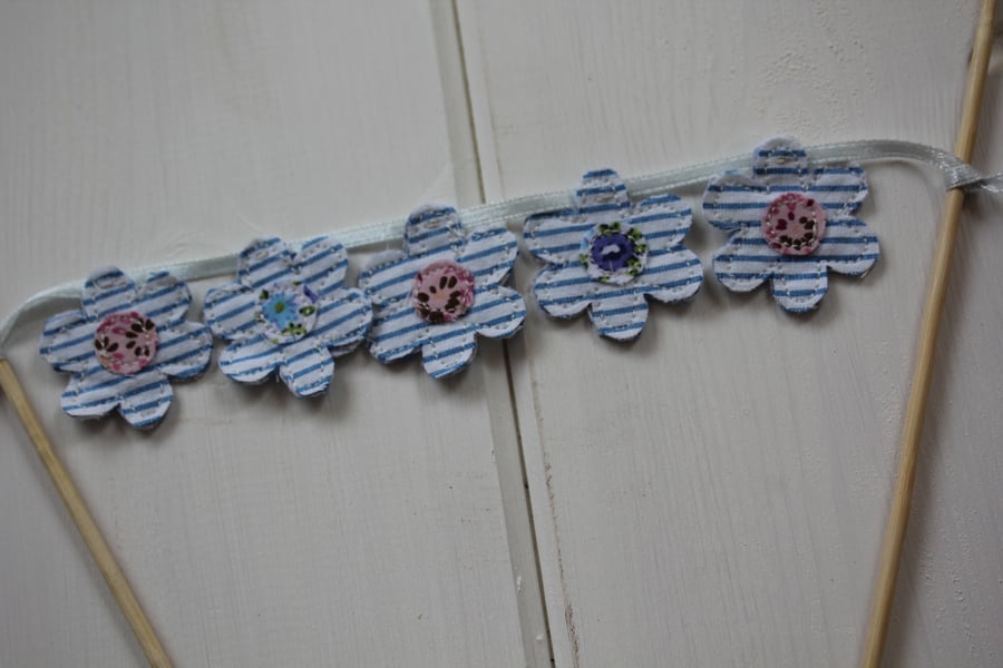 Blue and white floral cake topper bunting - handmade from recycled fabrics