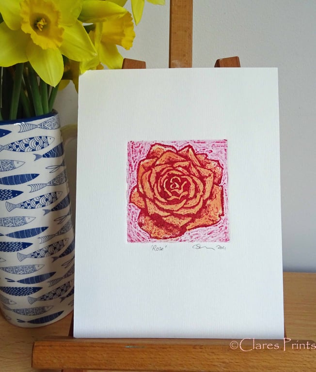 Yellow Red Rose Art Original Print Collagraph Printmaking Floral