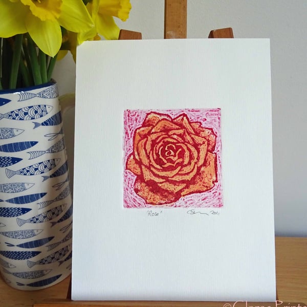 Yellow Red Rose Art Original Print Collagraph Printmaking Floral