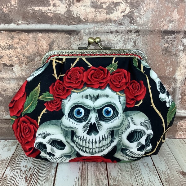 Gothic Skulls and Roses small fabric frame clutch bag, makeup bag, Handmade
