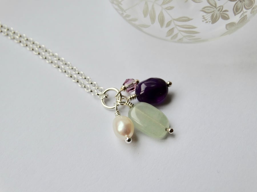 Semi precious gemstone charm cluster pendant with amethyst and pearl