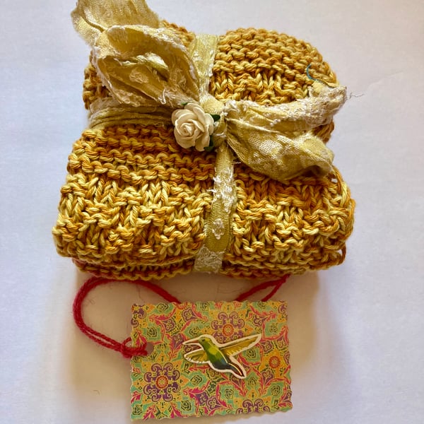 2 eco friendly hand knitted cotton dishcloths