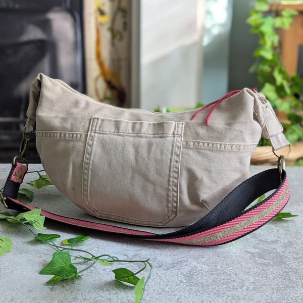 Small Dumpling Bag, Sling Style Cross Body Bag - Upcycled light khaki canvas